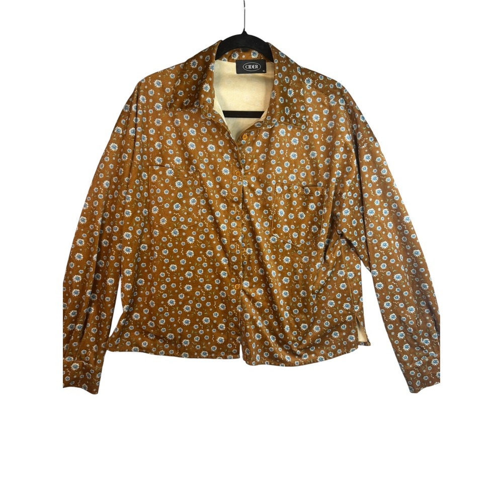 Cider Brown Corduroy Daisy Floral Button Down Shirt Women XL Long Sleeve Pockets